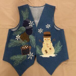 Denim vest with snowman and hot cocao